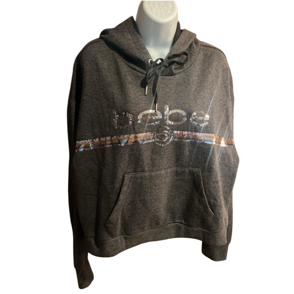 NWT Bebe Charcoal Sequin Logo Hoodie Size 2X